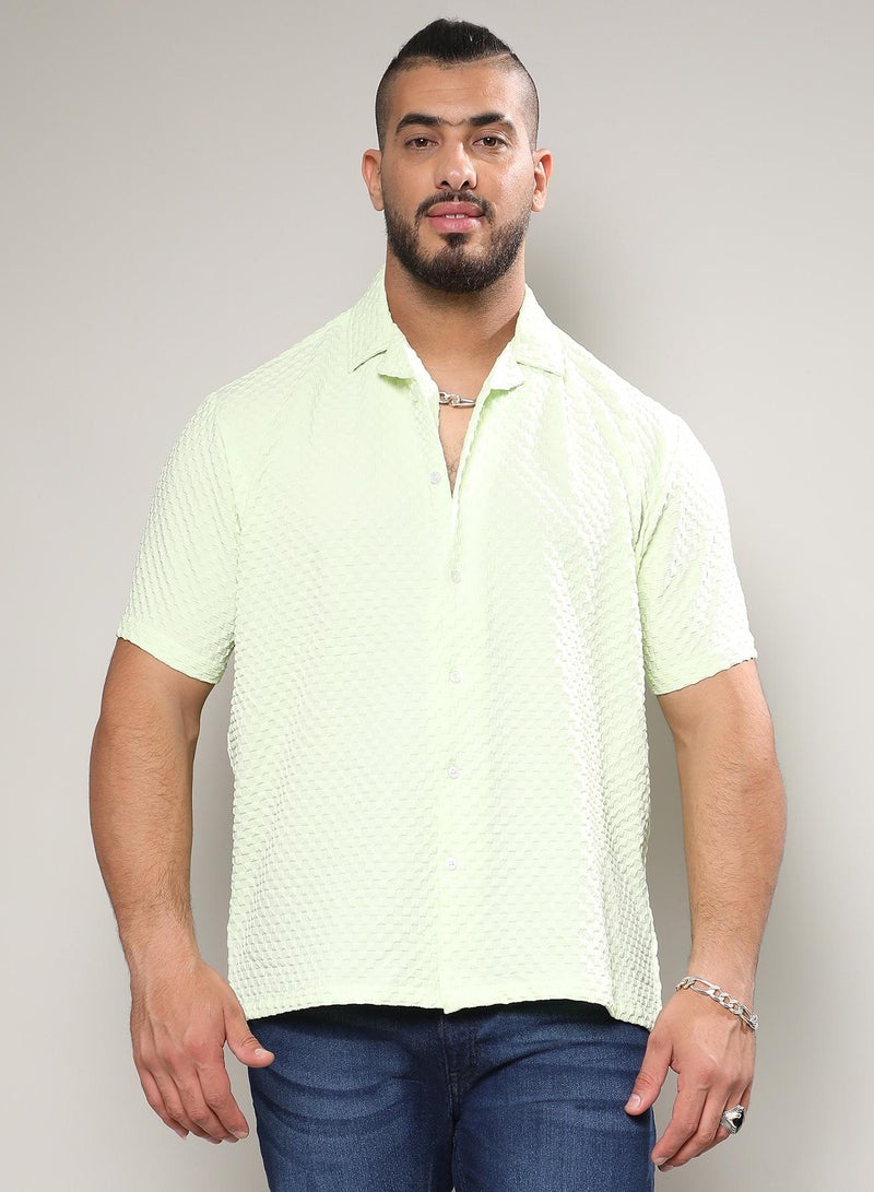 Instafab Plus Men's Lime Green Self-Design Block Shirt For Casual Wear | Spread Collar | Short Sleeve | Button Closure | Shirt Crafted With Comfort Fit For Everyday Wear - Image 2